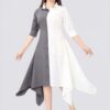 Women Colorblock Crepe Straight Kurta (Grey,white) Women Colorblock Crepe Straight Kurta Grey-white