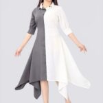 Women Colorblock Crepe Straight Kurta (Grey,white)