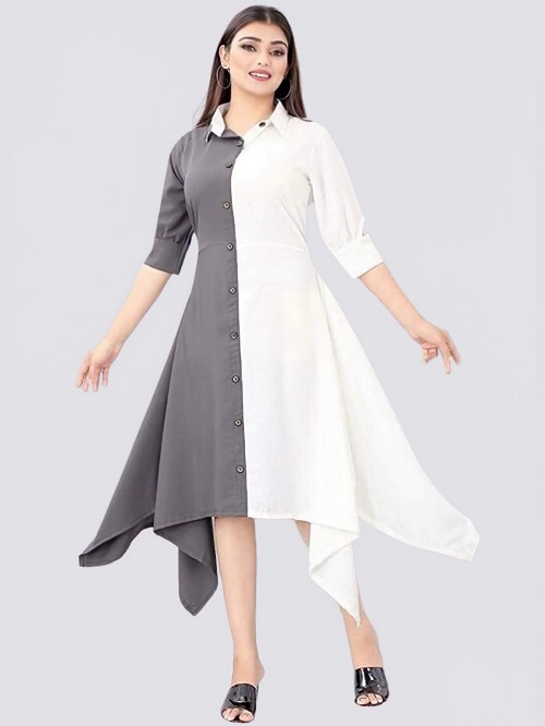 Women Colorblock Crepe Straight Kurta (Grey,white) Women Colorblock Crepe Straight Kurta Grey-white