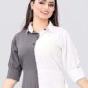 Women Colorblock Crepe Straight Kurta (Grey,white) Women Colorblock Crepe Straight Kurta Grey-white