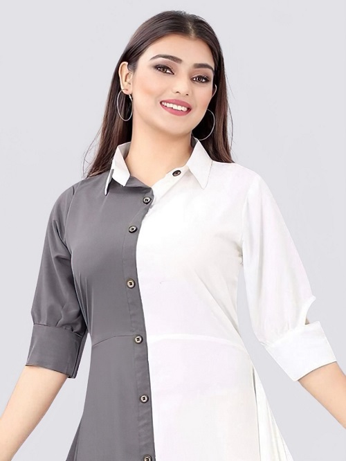 Women Colorblock Crepe Straight Kurta (Grey,white) Women Colorblock Crepe Straight Kurta Grey-white