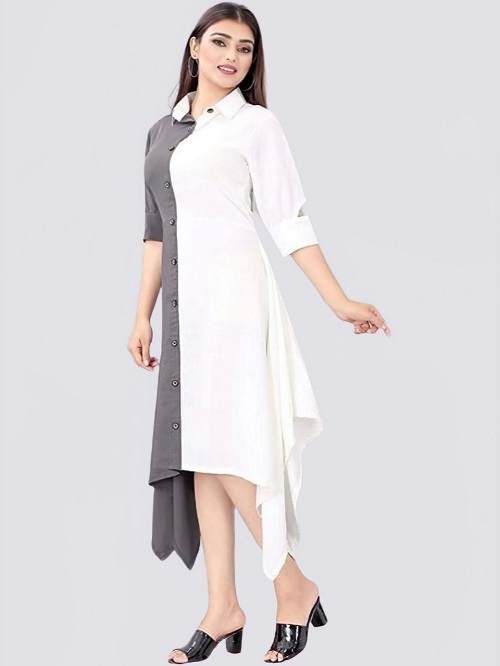 Women Colorblock Crepe Straight Kurta (Grey,white) Women Colorblock Crepe Straight Kurta Grey-white