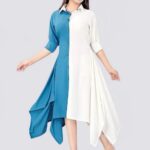 Women Colorblock Crepe Straight Kurta (Blue,White)
