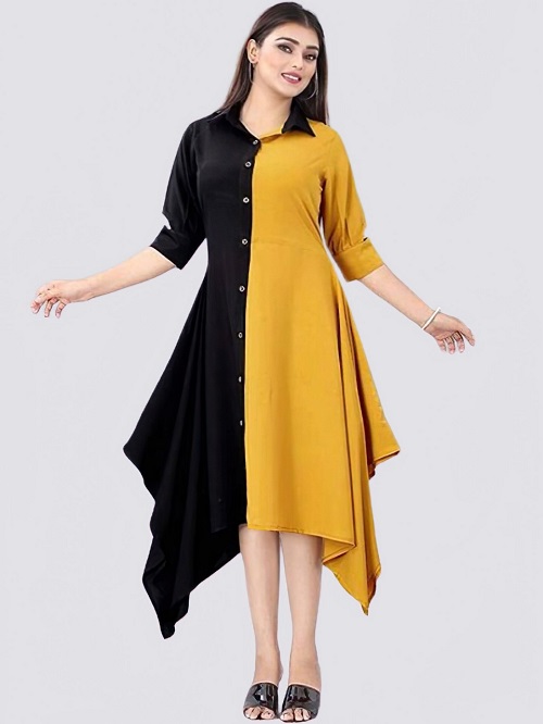 Women Colorblock Crepe Straight Kurta Yellow-Black