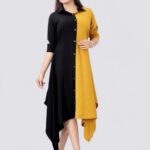 Women Colorblock Crepe Straight Kurta (Yellow, Black)
