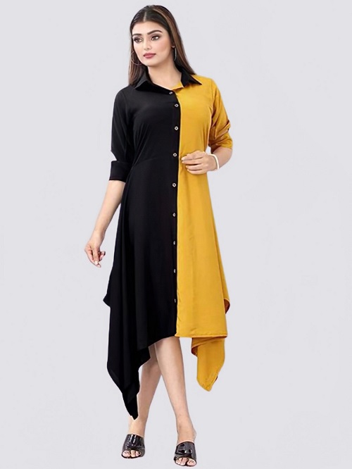 Women Colorblock Crepe Straight Kurta Yellow-Black
