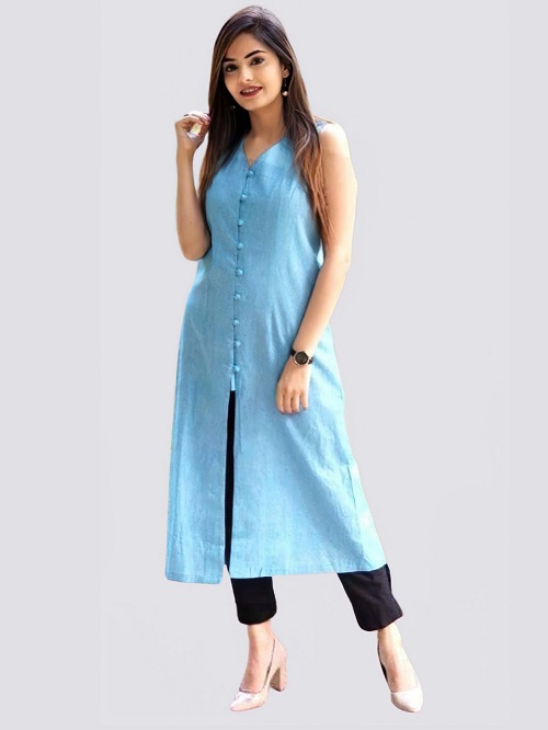 Women Woven Design Sleeveless Straight Kurta