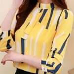 Women Manderin Neck Striped Yellow Top