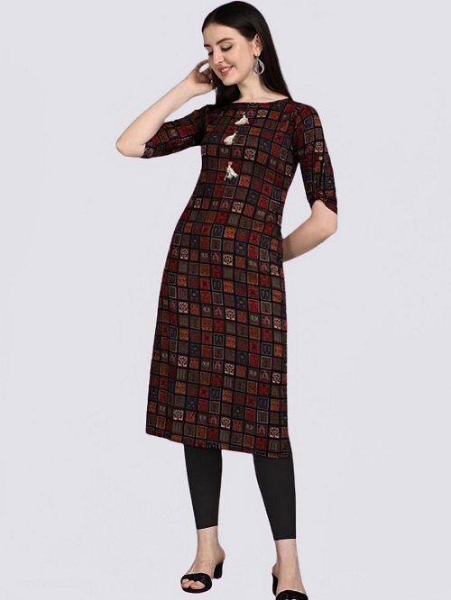 Women Checkered Cotton Blend Frontslit Kurta Women Checkered Cotton Blend Frontslit Kurta