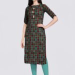 Women Checkered Cotton Blend Frontslit Kurta