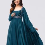 Women Embroidered Georgette Ethnic Dress With Attached Dupatta ( 2 Colour Option )