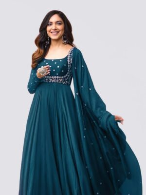 Women Embroidered Georgette Ethnic Dress With Attached Dupatta