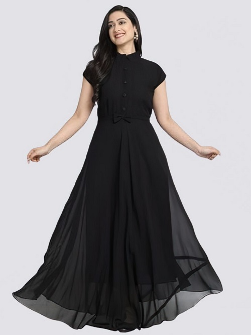 Women Solid Georgette Flared Kurta Half Sleeve