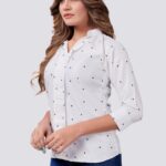 Women Western Style White Top with Black Dot Design
