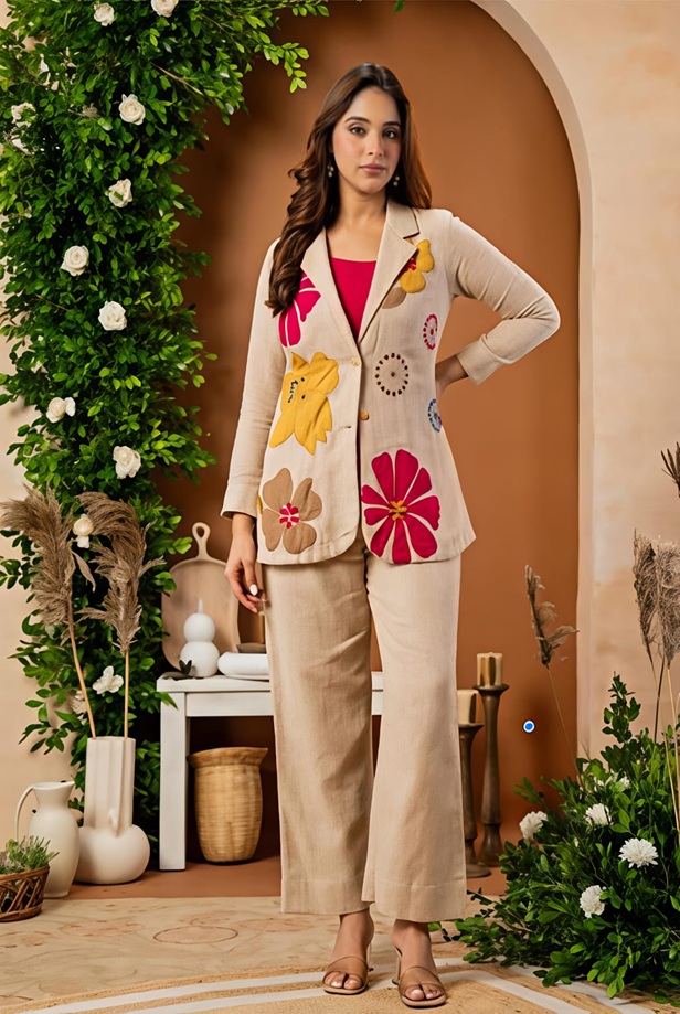 Beige-Floral-Embroidered-3-Piece-Co-ord-Set-front Beige Floral Embroidered 3 Piece Co ord Set front