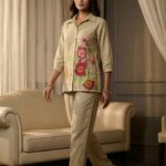 Beige Floral Embroidered Cotton-Linen Co-ord Set – 2 Piece for women