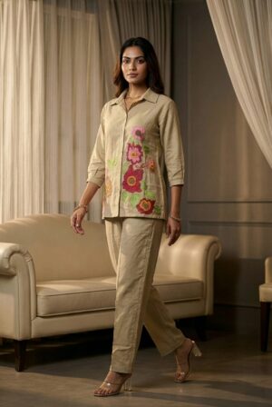Beige Floral Embroidered Cotton Linen Co-ord Set 2-Piece Ethnic Wear - Front view of a woman wearing a beige two-piece set featuring a tailored button-down shirt with vibrant pink and red floral embroidery and matching straight-cut trousers.
