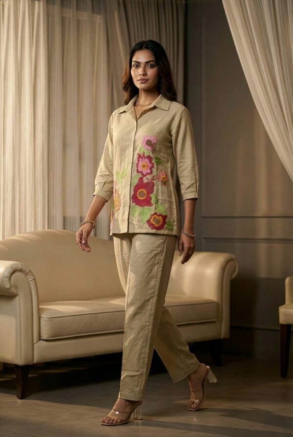 Beige Floral Embroidered Cotton Linen Co-ord Set 2-Piece Ethnic Wear - Front view of a woman wearing a beige two-piece set featuring a tailored button-down shirt with vibrant pink and red floral embroidery and matching straight-cut trousers.