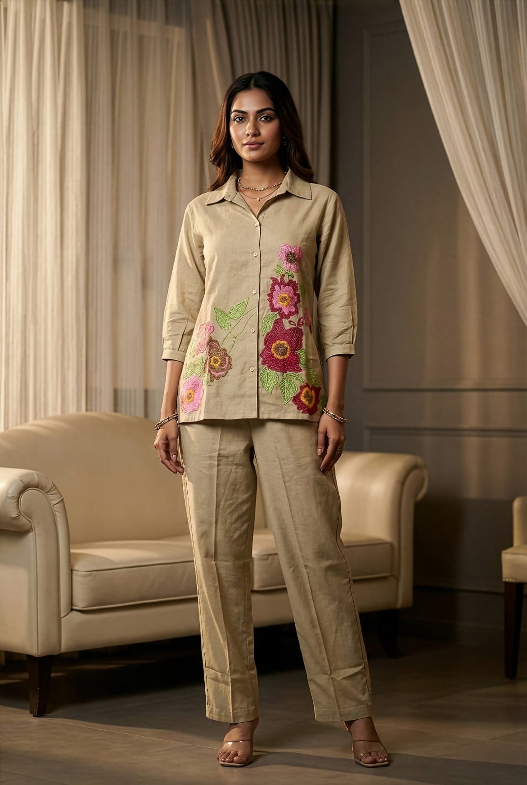 Beige Floral Embroidered Cotton-Linen Co-ord Set - Styled lifestyle shot of a woman modeling a beige Indo-western outfit, accessorized with gold jewelry and block heels for a chic daily office wear look.