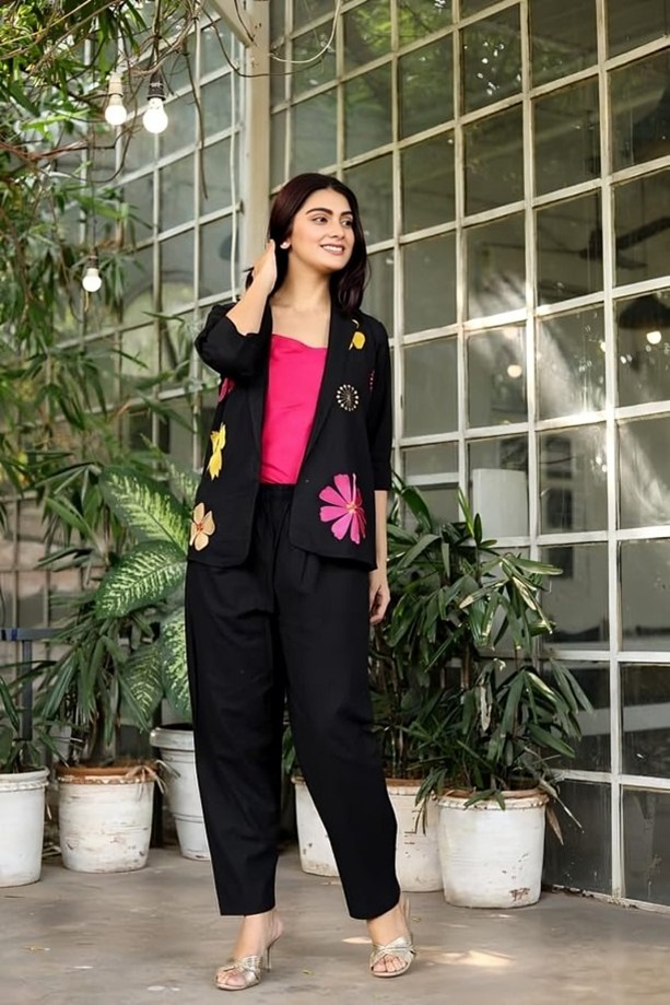 Fashion Lifestyle Photography of a Black Floral 3-Piece Ethnic-Fusion Ensemble for Contemporary Occasion Wear