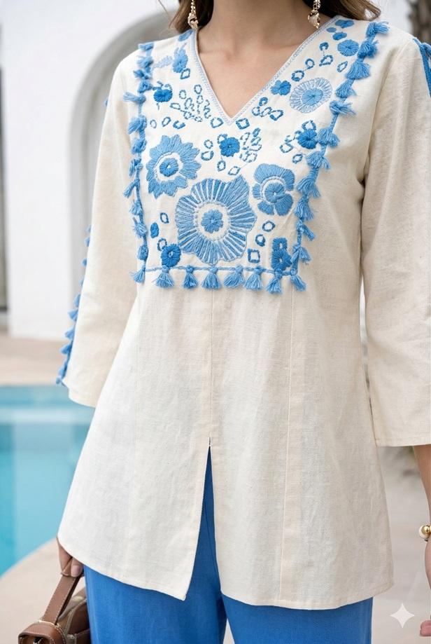 Detailed close-up of embroidered palazzo set for women featuring Aegean Blue floral threadwork.
