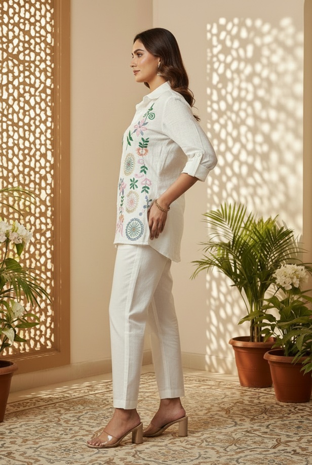 Side profile of a woman wearing a matching Ivory two-piece embroidered tunic outfit, highlighting the cuffed 3/4 sleeves and relaxed shirt hem.