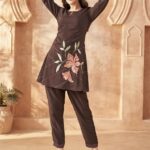 Mocha Floral Embroidered 2-Piece Co-ord Set for Indian women
