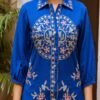 Royal-Blue-Embroidered-Shirt-Collar-Tunic-Co-ord-Set -detail A detailed close-up of the royal blue embroidered shirt collar tunic co-ord set showcasing the intricate artisan thread-work and crisp, professional neckline.