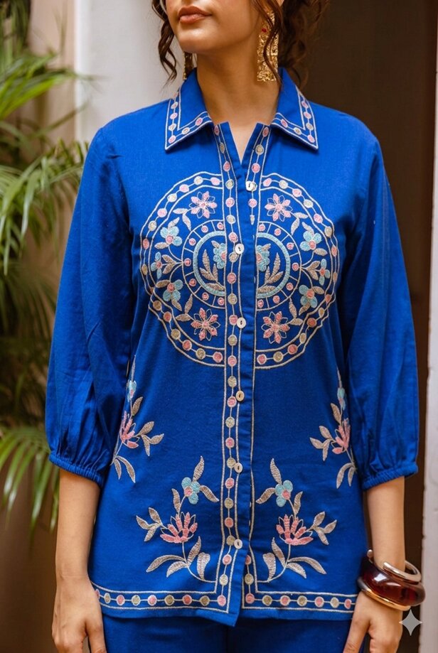 A detailed close-up of the royal blue embroidered shirt collar tunic co-ord set showcasing the intricate artisan thread-work and crisp, professional neckline.