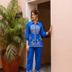 Royal Blue Embroidered Shirt Collar Tunic Co-ord Set for Women