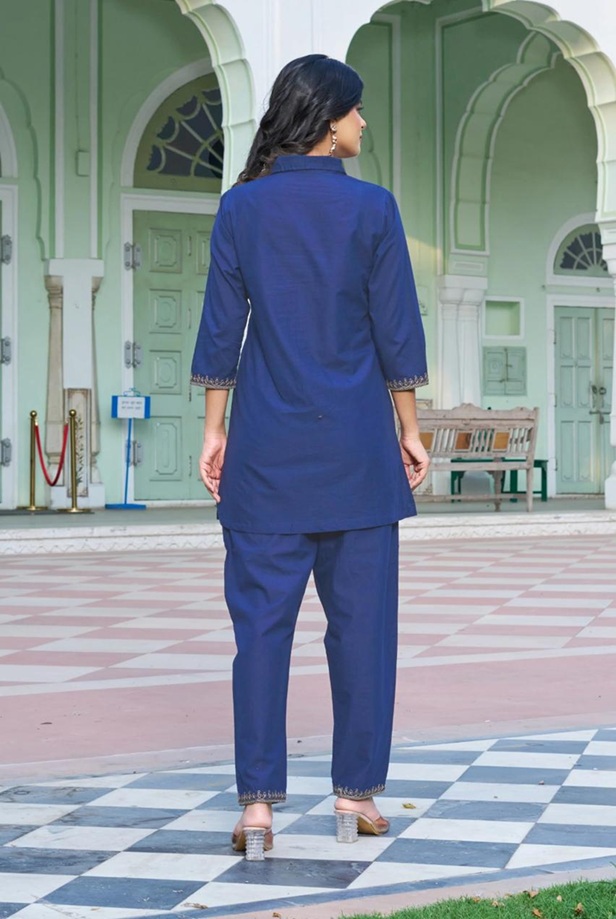 Royal-Blue-Floral-Embroidered-Flex-Cotton-Co-ord-Set-back-view Back view of a royal blue two-piece co-ord set showing the clean tailored silhouette and high-quality flex-cotton drape.