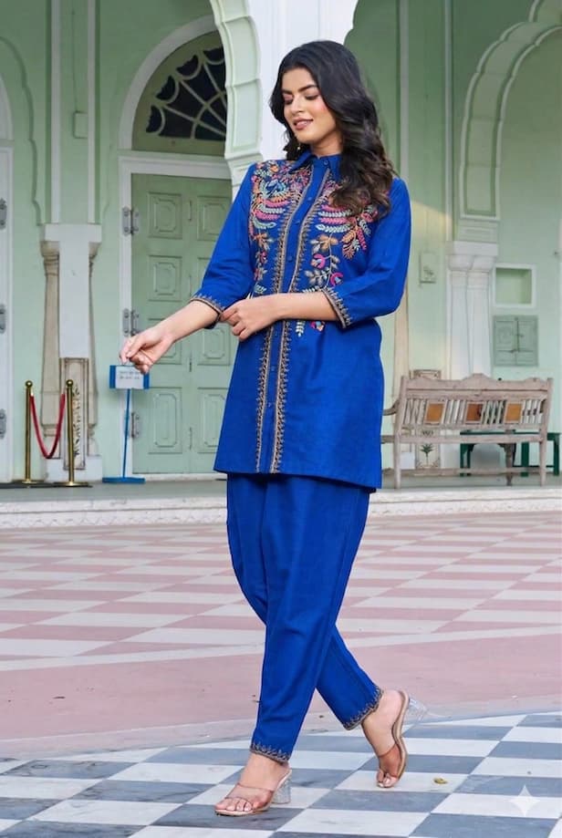 Royal Blue Floral Embroidered Flex-Cotton Co-ord Set - A profile shot highlighting the trouser fit and the comfort-first design of the waistband, perfect for all-day wear.