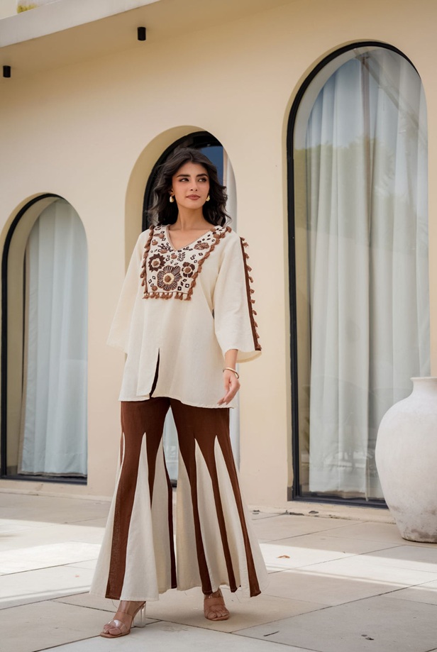 Vanilla Cocoa Embroidered Palazzo Co-ord Set for Women 2-Piece-fabric-detail Vanilla Cocoa Embroidered Palazzo Co ord Set for Women 2 Piece fabric detail