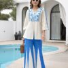 aegean-blue-mosaic-embroidered-palazzo-set-front Front view of the Aegean Blue mosaic embroidered 2-piece palazzo set for women, featuring the matching top and wide-leg trousers.