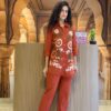 Front view of the burnt orange Artisan embroidered 2-piece co-ord set for women, featuring the matching top and trousers.