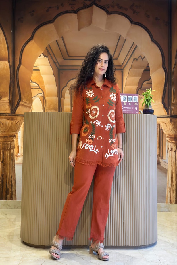 Front view of the burnt orange Artisan embroidered 2-piece co-ord set for women, featuring the matching top and trousers.
