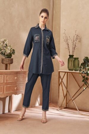 Front view of the charcoal blue elephant embroidered co-ord set for women, featuring the matching top and trousers.
