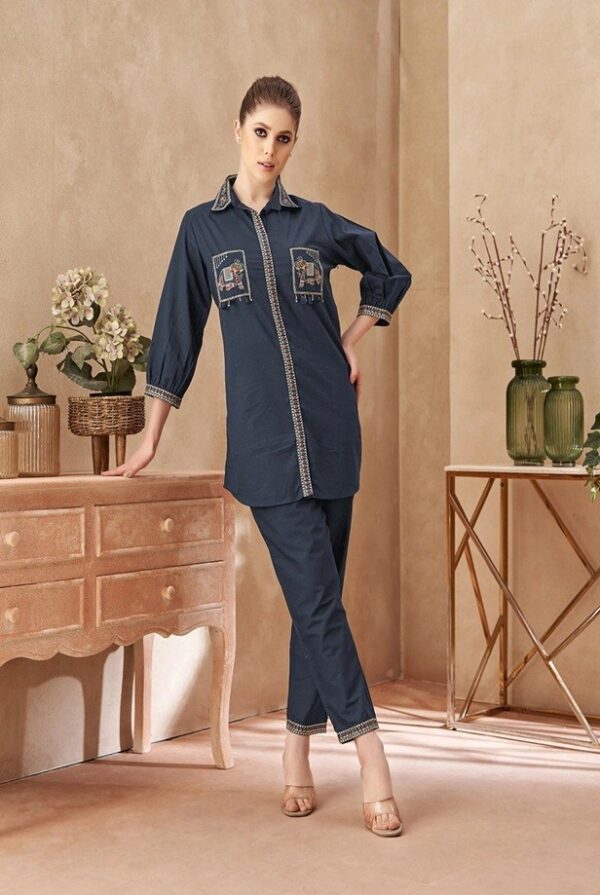 Charcoal Blue Elephant Embroidered Co-ord Set-Front view of a women's set featuring elephant embroidered pockets and geometric front trim.