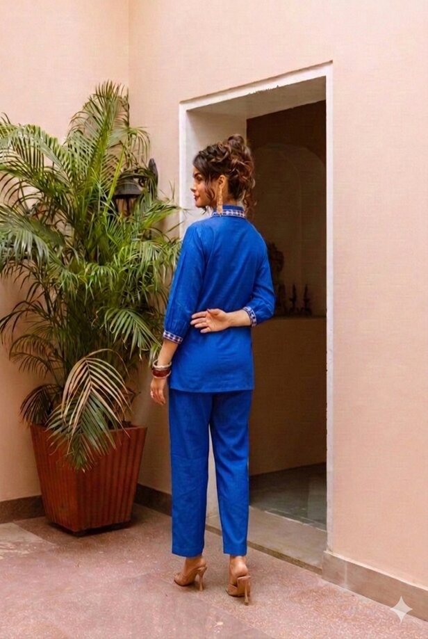 designer royal blue cotton coord back view