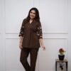 espresso-pin-tuck-mandarin-collar-tunic-coord-front Espresso Pin-Tuck Mandarin Collar Tunic Co-ord Set - Front view of a woman modeling the brown colour mandarin collar top and matching cotton trousers.