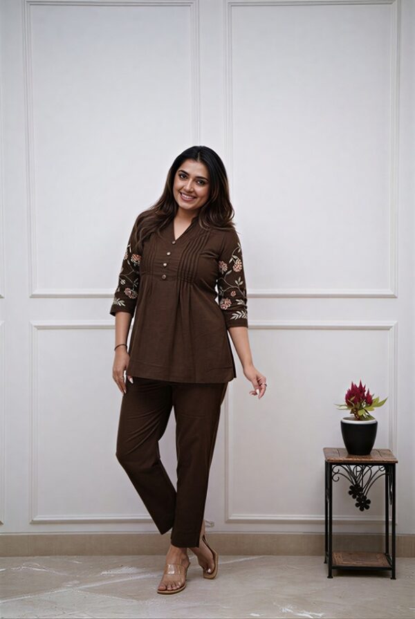 Espresso Pin-Tuck Mandarin Collar Tunic Co-ord Set - Front view of a woman modeling the brown colour mandarin collar top and matching cotton trousers.