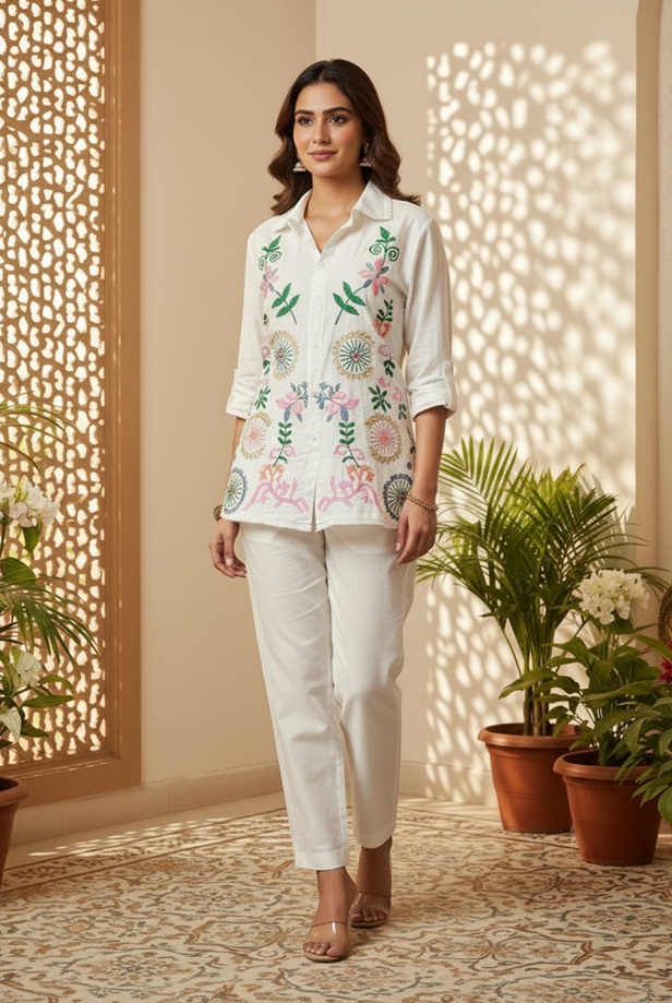 Woman wearing the ivory floral Artisan embroidered 2-piece co-ord set, styled with elegant accessories for a complete everyday look.