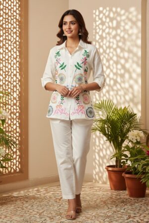Front view of the ivory floral Artisan embroidered 2-piece co-ord set for women, featuring the matching shirt and trousers.
