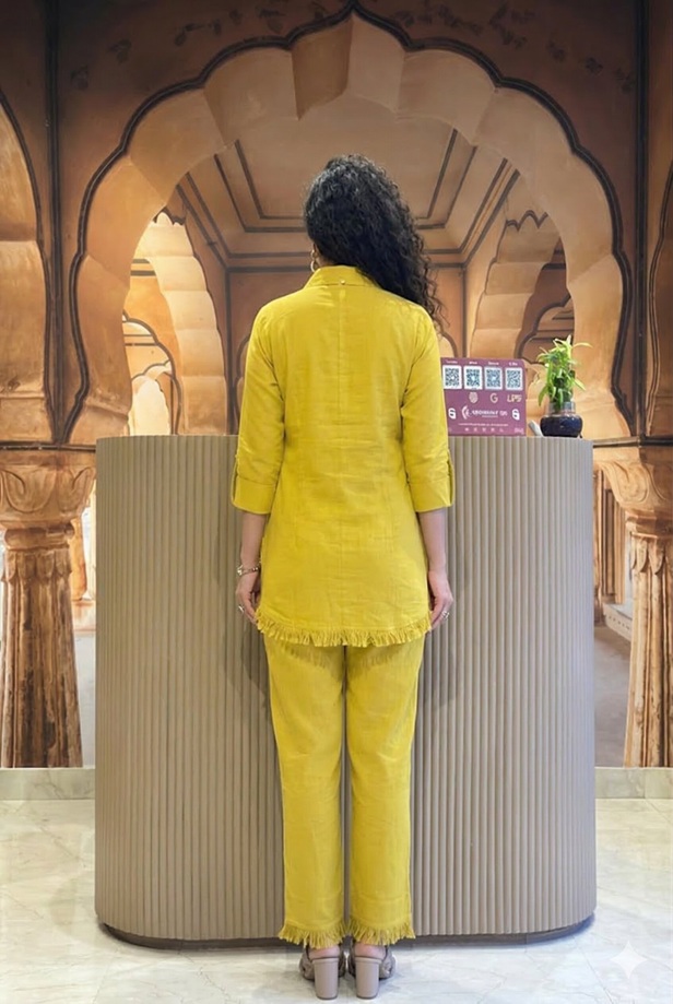 Rear view of the Mustard Yellow Artisan embroidered 2-piece co-ord set, highlighting the back structure, fit, and tailoring of the top and pants.