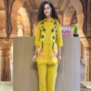 Full front view of the Mustard Yellow Artisan embroidered 2-piece co-ord set for women, showing the matching top and trousers.