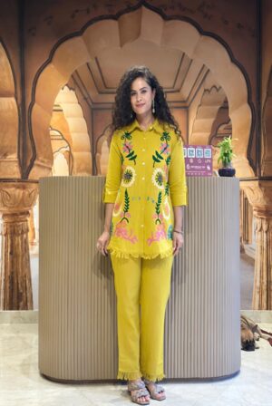 Full front view of the Mustard Yellow Artisan embroidered 2-piece co-ord set for women, showing the matching top and trousers.