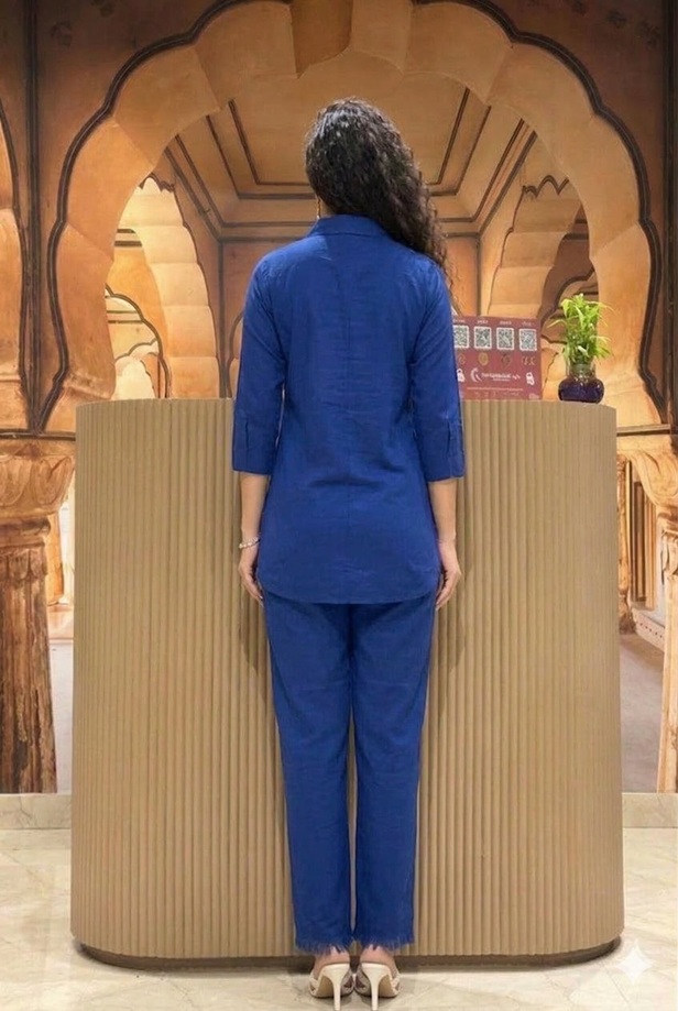 Back view of the women's navy blue Artisan embroidered 2-piece co-ord set, showing the tailoring and fit of the top and pants.