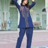 Front view of the navy floral Atelier embroidered 2-piece co-ord set for women, featuring the matching shirt and trousers.