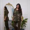 olive-green-vneck-floral-embroidered-coord-front Front view of the olive green v-neck floral embroidered co-ord set for women, showing the matching top and trousers.