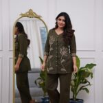 Olive Green V-Neck Floral Embroidered Co-ord Set for Women
